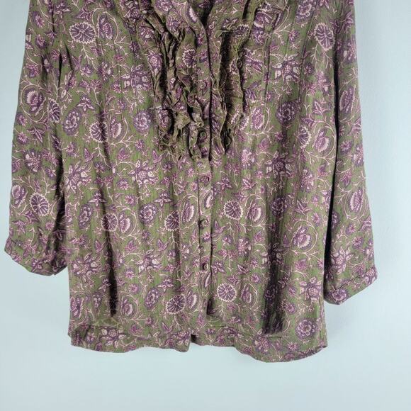 Soft Surroundings Floral Ruffle Button Up Blouse Long Sleeve Size L - Picture 3 of 5
